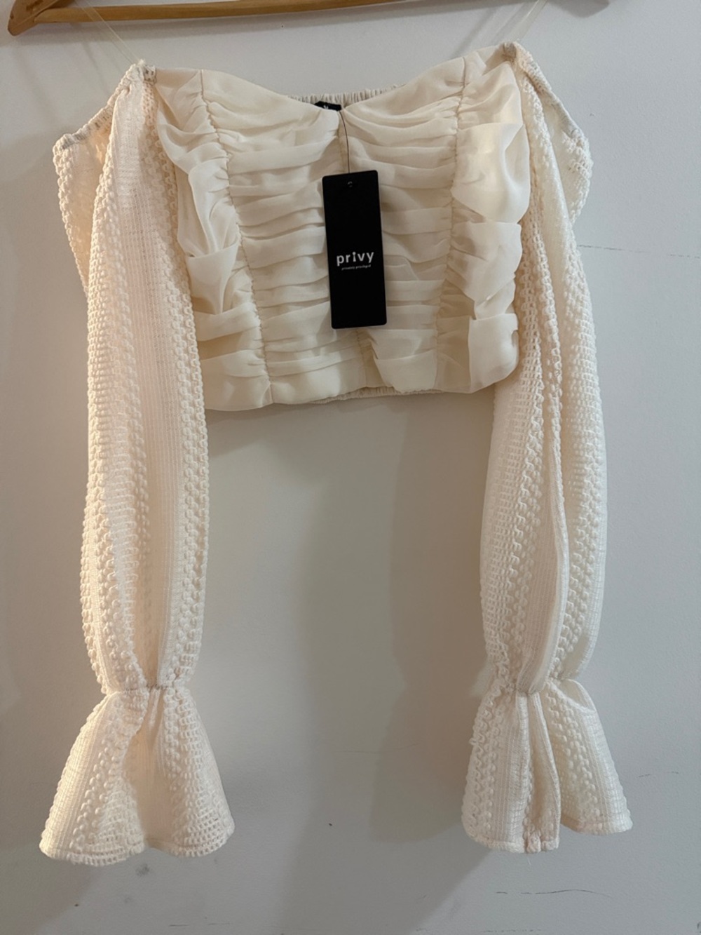 Ruched Bust Knit Sleeve Cream Crop Top Privy Size Small